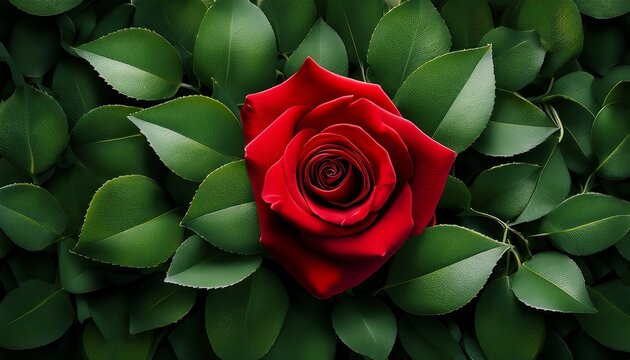 Una Sola Rosa Roja En El Centro De Muchas Hojas Verdes Que La Rodean