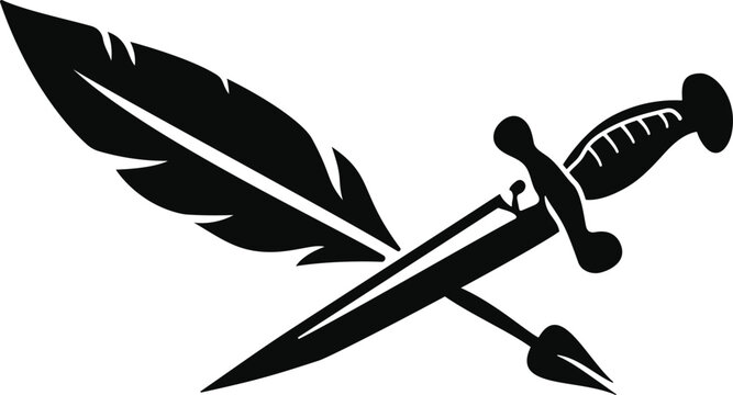 Black Silhouette of Traditional Knife with Feathers isolated transparent background Minimalist Style