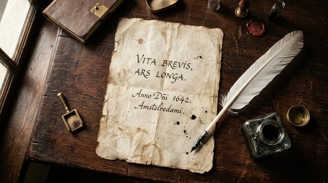 Antique still life quill ink and handwritten latin phrase on aged paper