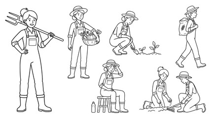 Obraz premium Farming Woman Diverse Actions Set: Agriculture, Gardening, Harvest, Planting, Working