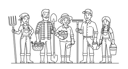 Obraz premium Happy Diverse Farmers Group Holding Gardening Tools and Produce in Outline Style