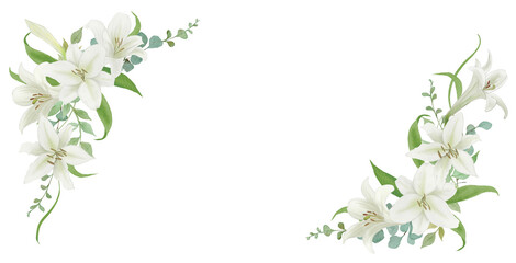 White Lily Flowers Corner Frame with Eucalyptus on Transparent Background - Wedding and Floral Design Element300dpi © URU