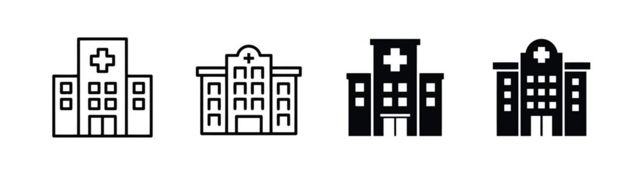 Set of four hospital building icons with medical cross symbols