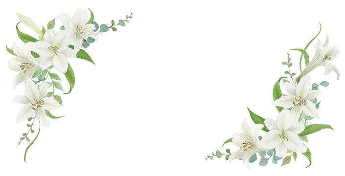 White Lily Flowers Corner Frame with Eucalyptus on Transparent Background - Wedding and Floral Design Element300dpi