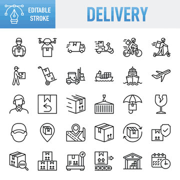 Set of 30 delivery and logistics flat icons with various transportation and service illustrations