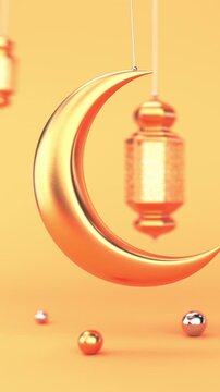 Golden Ramadan lanterns and crescent moon gently swinging on an orange background, seamless 3D loop. Vertical video.
