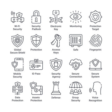 Set of 20 security and protection icons with shield and lock symbols