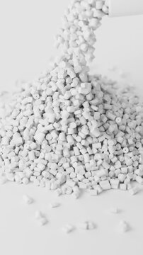 White polypropylene plastic granules pouring from a cup onto a resin pellet pile on white background, 3D render dynamic Vertical video.