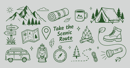 Camping And Hiking Sketch Illustrations With Mountains And Travel Accessories © mdsaikat
