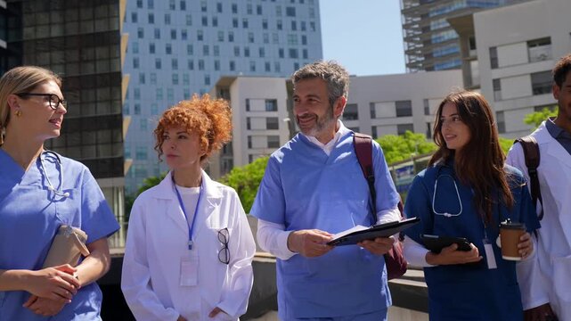 Group of diverse doctors and nurses walking outside hospital