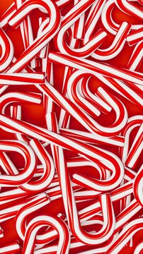 Camera pan over a pile of candy canes for a festive Christmas background in 3D animation. Vertical video.