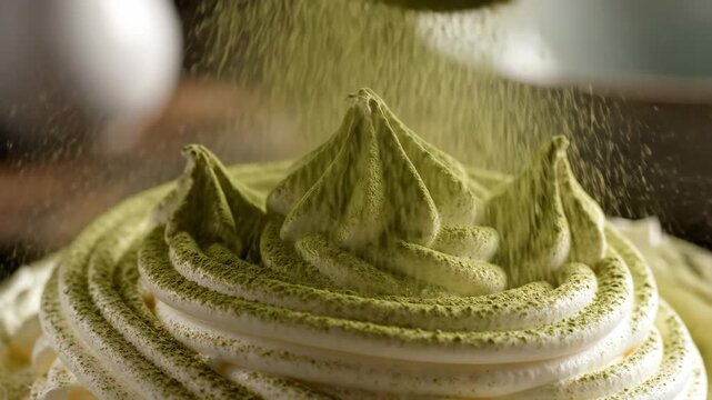 Close-up of white whipped cream swirls on a cake topped with avocado slice