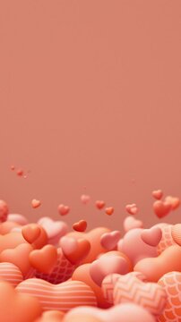 Cloud of pink pulsating hearts on a pink background, Valentine s Day 3D loop animation. Vertical video.