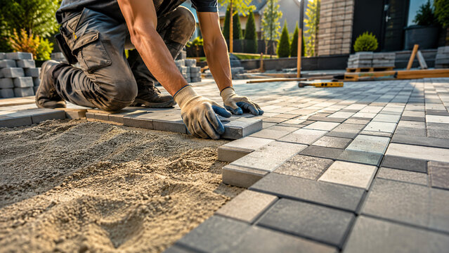 Professional Worker Laying Paving Blocks on Sand Foundation. Paver Installing Concrete Stone Brick Driveway Walkway. Landscaping, Patio Renovation, Hardscaping Construction Infrastructure