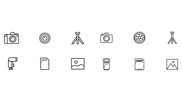 Photography camera equipment icon set featuring dslr lenses tripods sd cards flash lighting photo gallery landscape imagery professional gear collection.