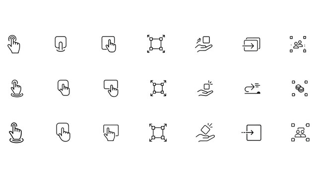 Hand gesture icons for touch screen interaction including clicking holding dragging scaling and moving objects for mobile devices and user interface.