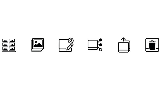 Gallery and file management icon set featuring image album thumbnail grid edit pen share node cloud upload and trash bin for organizing digital assets.