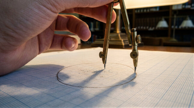 Engineer using brass drafting compass to draw circle on graph paper. Architect working on technical blueprint. Precision measurement tool for professional design and engineering project