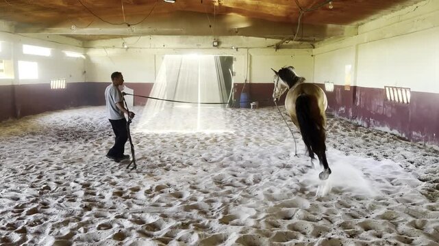 Man training horse in indoor sandy arena