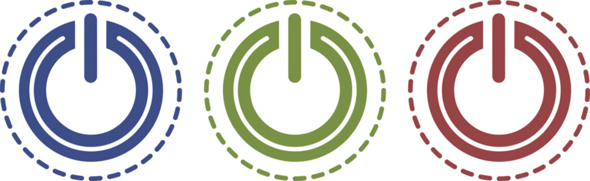 Power button icons with dashed outline circles in blue green and red for digital technology and user interface design elements