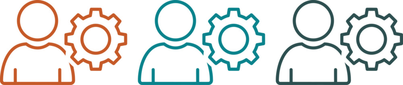 User profile icons with gear cog wheels representing technical support settings and customer service management for web and mobile interfaces