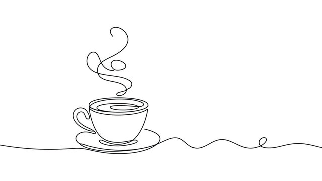 Minimalist continuous line drawing of hot beverage cup with saucer and rising steam, abstract single stroke artwork, modern contour illustration for coffee, tea, warmth, and lifestyle decor