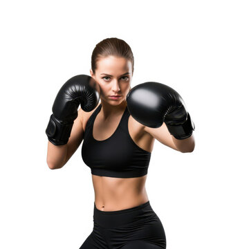 Woman in fighting stance wearing boxing gloves and black workout attire.