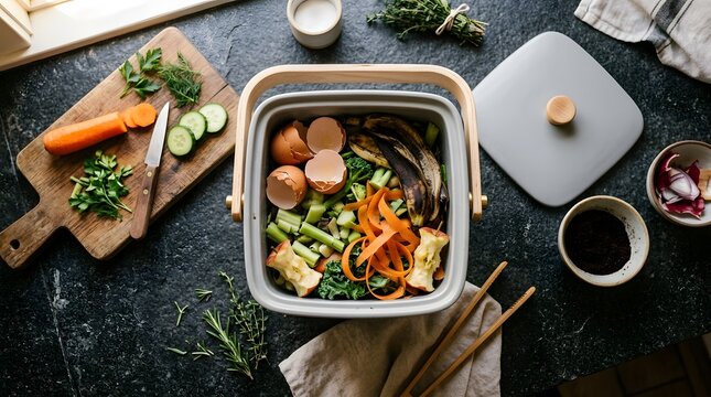 Sustainable kitchen compost bin with organic food waste, modern indoor composting bucket for vegetable scraps, eco-friendly zero waste lifestyle concept