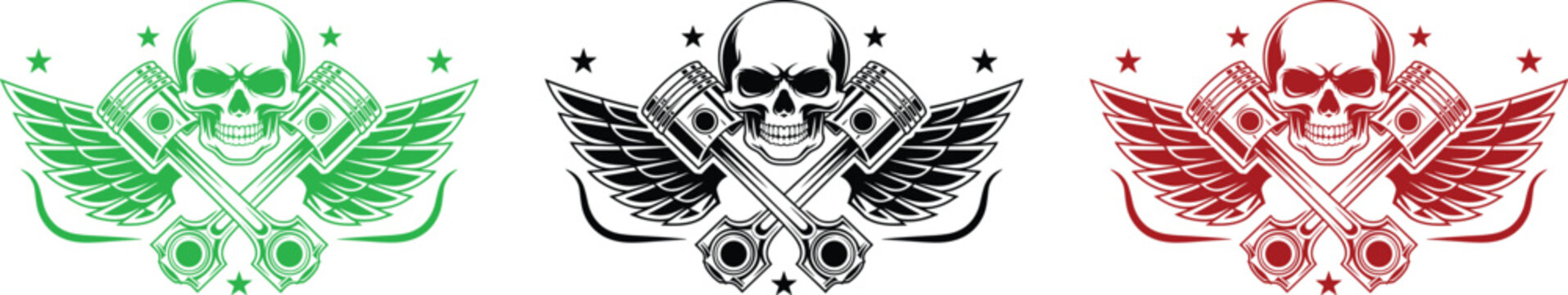 Three crossed piston and wing skull emblems in green black and red with stars wings pistons