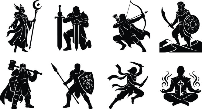Fantasy RPG Character Silhouette Bundle with Warrior Archer Mage Rogue and Guardian Hero Poses for Game Designs