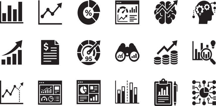 Professional collection of black business analytics and data visualization vector icons presented in a clean style on transparent background