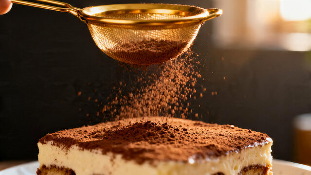 Close-up of gold sifter dusting cocoa powder over tiramisu