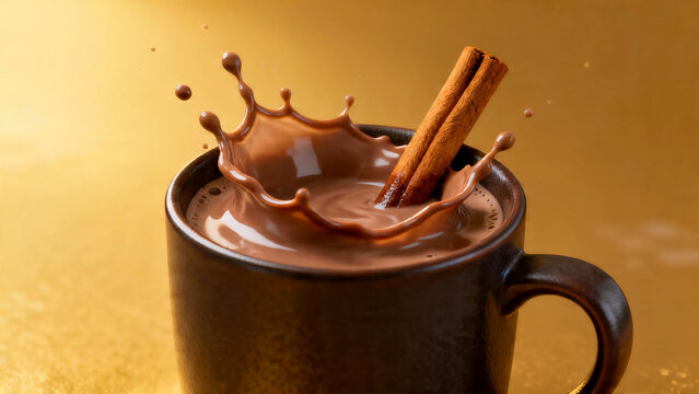 Close-up of hot chocolate milk splash in dark mug