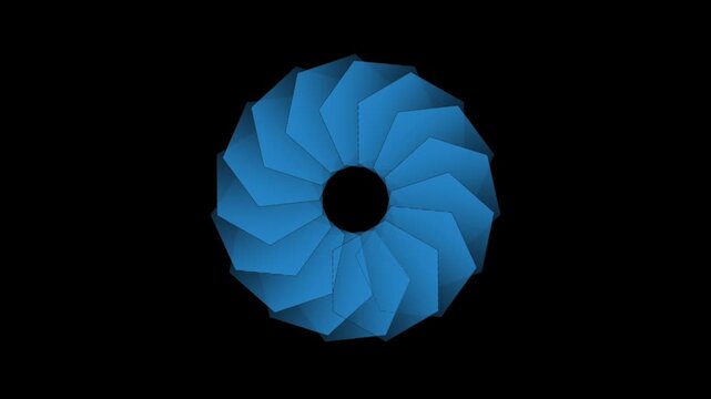 Abstract blue camera aperture shutter animation rotating in a seamless loop on a black background. Ideal for photography themes, video editing, filmmaking intros, creative presentations, technology 