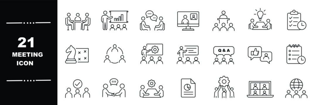 Outline icons set - seminars, lectures, presentations, webinar and online business meeting. Business people, teamwork. Thin line icon collection.