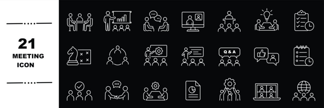 Outline icons set - seminars, lectures, presentations, webinar and online business meeting. Business people, teamwork. Thin line icon collection.