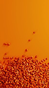 Close-up top view of rotating orange polypropylene plastic granules and masterbatch resin pellet pile, 3D render seamless Vertical video.