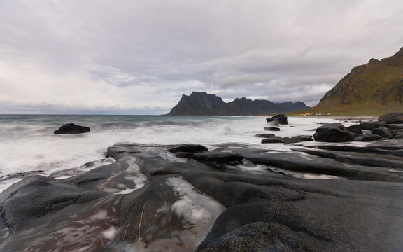 View of fjord at Reine, Lofoten, Norway