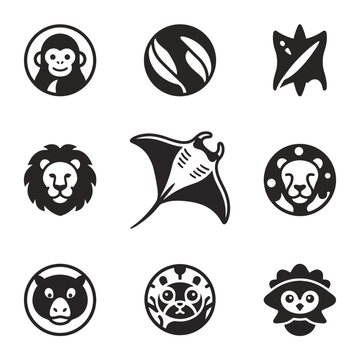 Black icons of monkey, ball, fox, lion, stingray, bear, tiger, cat, and bull on white background