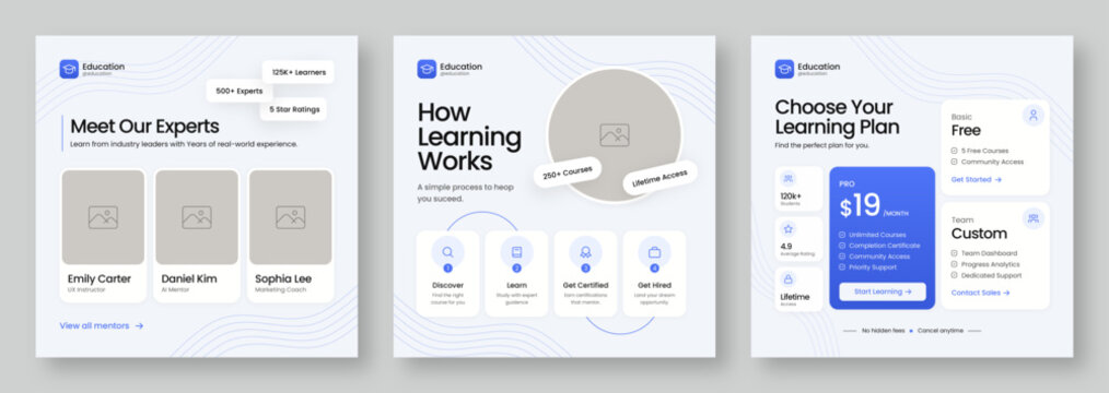 Online Education Social Media Templates Pack - Instructor Team, Learning Process & Pricing Posts