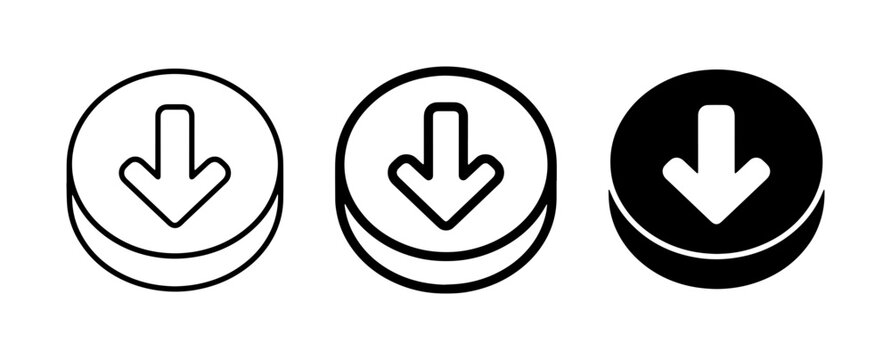 Download Icons Set, Down Arrow Buttons, Save and Upload Symbols, Vector Graphics