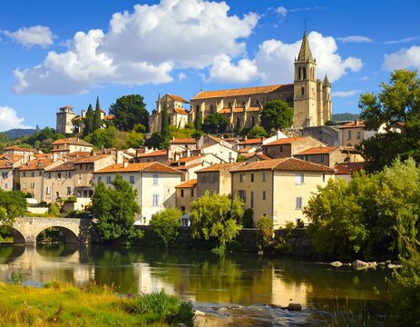 A picturesque European town, featuring a cathedral overlooking a river and historic stone buildings. A charming scene under a bright sky