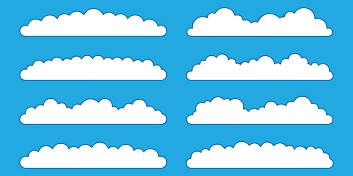 Set of Blue Cloud Stickers Vector Illustration Cartoon Weather Icons Seamless Sky and Cloudscape Design Elements for Summer Wallpaper Background Pattern