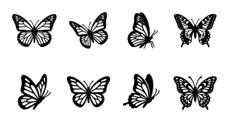 Elegant Butterfly Silhouettes Vector Set, Delicate Insect Icons, Nature Graphics, Black and White © Md