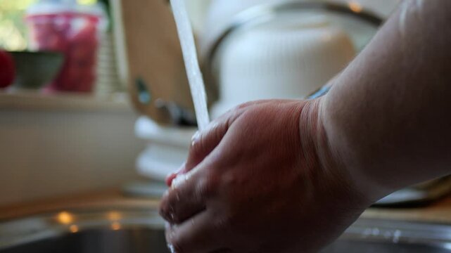 Person washing and squeezing a cloth in kitchen sink