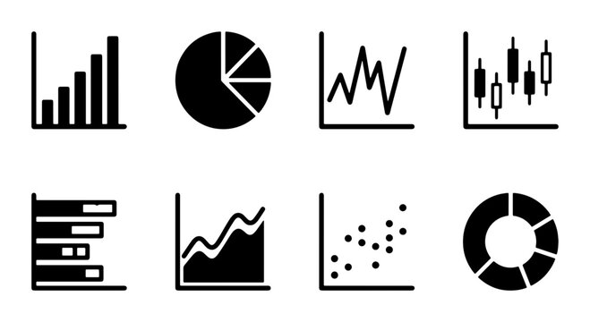 Diverse Data Visualization Icons: Bar, Pie, Line, Candlestick, Scatter Charts & More