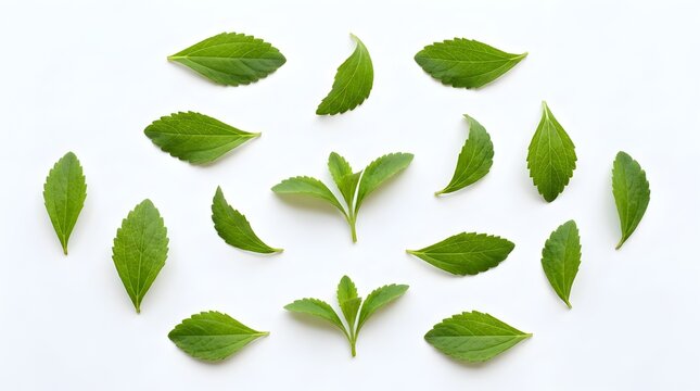 Fresh stevia rebaudiana leaves on white background, organic green herbal sweetener leaves, natural sugar substitute plant foliage for healthy diet