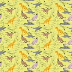 Seamless pattern with colorful dinosaurs on a light yellow background © Sahidul