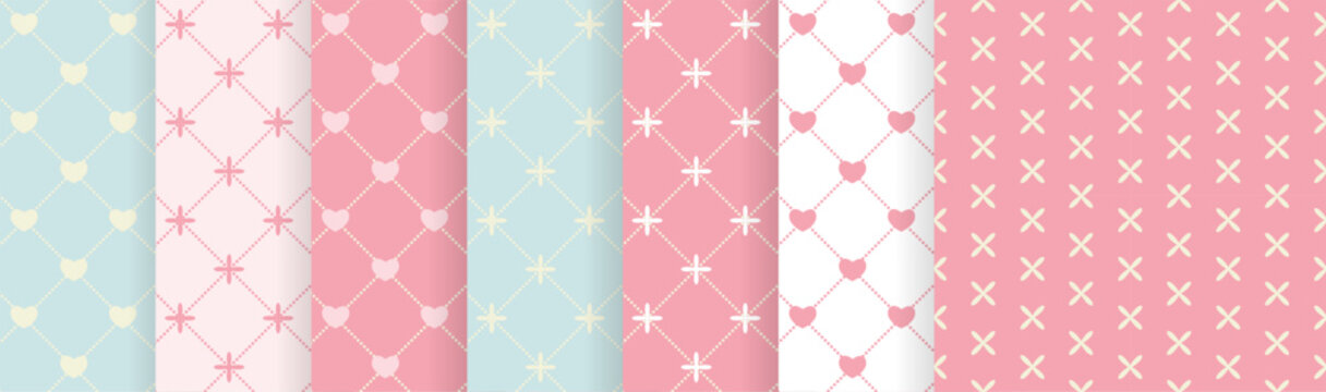 Colorful geometric fabric patterns with hearts and crosses in light pastel shades for creative designs and digital art projects