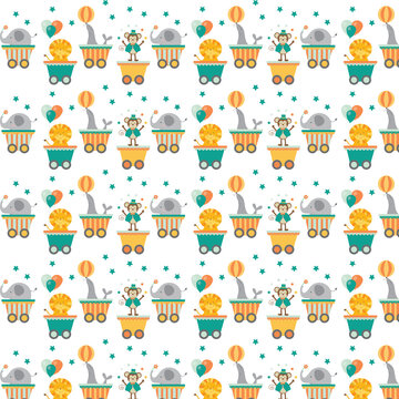 Cute seamless circus animal pattern featuring elephant, lion, seal and monkey in colorful carts. Perfect for nursery fabric, wallpaper, gift wrap, party decor and kids products.